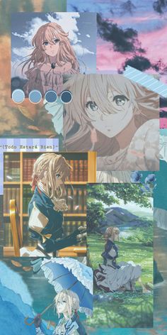 some anime characters with different expressions and pictures on them, one is holding an umbrella