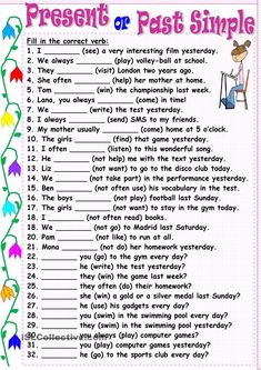 the present or past simple worksheet is shown in pink, blue and yellow