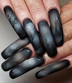 Airbrush Halloween Nails, Spooky Forest Nails, Dark Forest Nails, Forest Nails Designs, Crow Nails, Forest Nail Art, Forest Nails, Nails Witchy, Mail Inspo