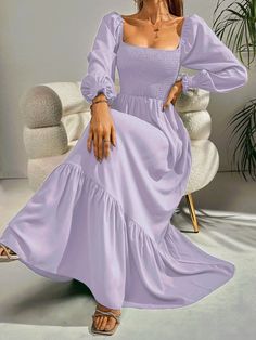 Women's Elegant Long Skirt Autumn Winter Fashion Casual Solid Square Collar Midi Dress Long Sleeve Lady Beach Party Dresses Robe Vestidos Color Uva, Purple Dress Outfits, Women Wedding Dress, Preppy Aesthetic Outfits, High Waist Maxi Dress, Maxi Vestidos, Summer Dress Women, Dress Square Neck, Maxi Dress Collection