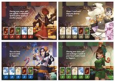 the card game has four different characters and their numbers are shown in three separate pictures