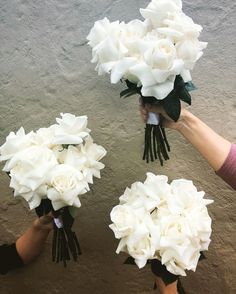 three people holding bouquets of white flowers in front of a gray wall with one person's hand