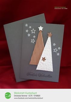 two cards with christmas trees on them, one is grey and the other is white