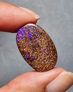 a person holding an oval shaped object in their left hand with purple and gold flecks on it