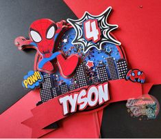 a spiderman themed birthday card with the name tyson on it and some decorations