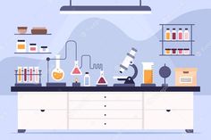 an illustration of laboratory equipment on a table with shelves in the background and hanging lights above them