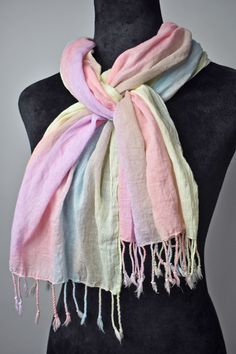 Pastel colored hand-painted cotton scarf on a mannequin Pastel Scarf, Fringe Fabric, Black And White Scarf, Hand Painted Scarves, Merino Wool Scarf, Painted Scarf, Cotton Scarf, Scarf Design, Pastel Hues