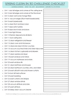 a printable spring cleaning checklist with the words spring clean in 30 challenge checks