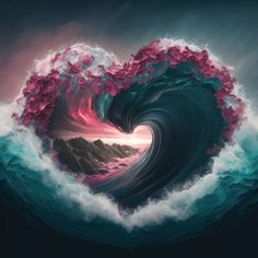 a heart shaped wave in the ocean with pink and blue waves coming out of it