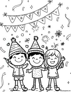 three kids wearing party hats and holding hands