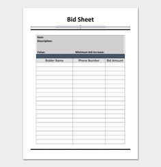 a printable bid sheet is shown in this image