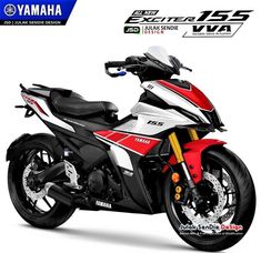 a red and white motorcycle is shown in front of a white background with the words yamaha on it