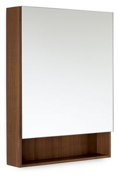 a white and brown cabinet with a mirror on it