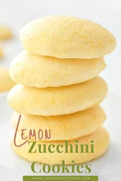 lemon zucchini cookies stacked on top of each other with the title overlay