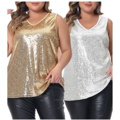 This sleeveless tank top is made of lightweight stretch polyester material. Topped with sparkling sequins, there's a layer of beautifully embellished soft mesh underneath for itch-free comfort. Perfect for any occasion, this sleeveless sparkly top features a flattering V-neckline that looks great with any outfit. Made for women's plus size, this top is perfect for those who want to look and feel good. Wear it as a regular fit bat sleeveless sequin top to any party and get more compliments, summe Tops Gold, Plus Size Peplum, Cotton Camisole, Sparkly Top, High Neck Tank Top, V Neck Tank Top, Hem Style, Sequin Top, Workout Tank Tops