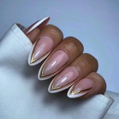 Gold And Black French Tip Nails, French Tip With Gold Line, Gold Almond Nails, White Gold Nails, Nails Pictures, Classy Baddie Nails, Classy Baddie, Trendy Products, Nails Salon