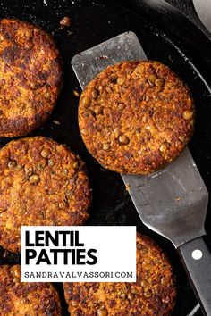 four hamburger patties in a cast iron skillet with the words lenti patties above them