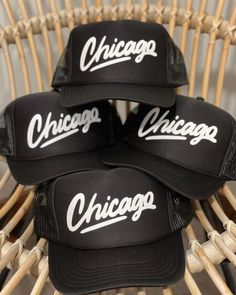 CHICAGO-Cursive on Black Adjustable Trucker Collegiate Black Trucker Hat For Baseball Season, Personalized Black Casual Trucker Hat, Customizable Black Trucker Hat One Size, Customizable Black Trucker Baseball Cap, Personalized Black Trucker Hat, Chicago Baseball, Womens Baseball Cap, Trucker Cap, Baseball Cap