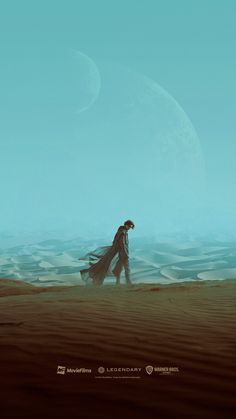 a man walking across a desert covered in sand next to a giant moon and an alien like object