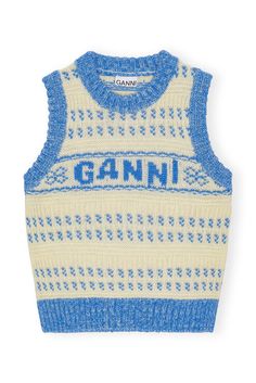 This Blue Graphic O-neck Vest is designed for a relaxed fit and features a round neckline, ribbed edges and a graphic GANNI logo design. GANNI Blue Graphic O-neck Vest in Strong Blue | Women's Size XL | Organic Wool Ganni Vest Knit, Annefleur Vest, Wool Waistcoat, Lettering Logo, Blue Graphic, Floral Shoes, Wool Vest, Buckle Shoes, Vest White