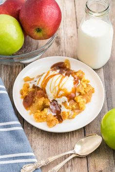 an apple pie with ice cream and caramel drizzled on top