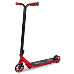 the scooter is red and has black wheels