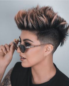 Woman Spiked Hair, Womens Short Hair Undercut, Pixie Hairstyles For Women In 40s, Short Wavy Hair Undercut, Faux Hawk Shaved Sides, Cute Undercut For Women, Hair Color Ideas For Pixie Haircut, Mohawk Styles For Women, Women’s Short Hairstyles