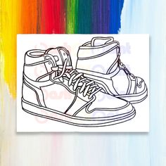 a drawing of a pair of sneakers on a rainbow background with the word, sneaker