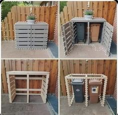 four pictures of different types of outdoor storage units with plants and trash cans in them