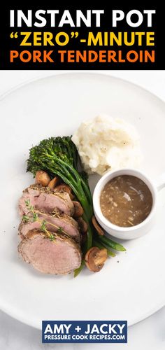 a white plate topped with meat and veggies next to mashed potatoes, broccoli