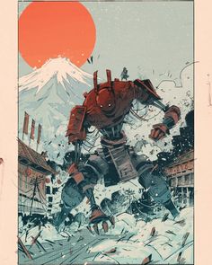 an illustration of a giant robot standing in the snow with mountains in the back ground