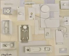 an assortment of white objects are arranged on the wall in this artistic display, including telephones and plugs