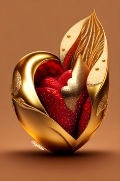 a golden and red heart shaped object on a brown background