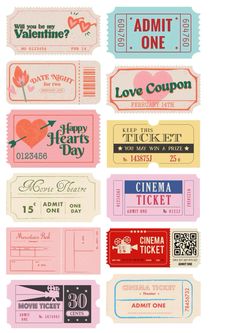 several different types of tickets with the words love coupon on them and one ticket for valentine's day