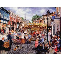 a painting of people on a city street with a carousel in the background and dog walking by