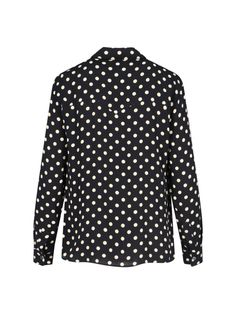 Aspesi black silk polka dot shirt with all-over contrasting polka dot pattern, French collar, snap button closure, button cuffs, two flap pockets with snap button on the chest, curved hem. Composition: 100% Viscose Polka Dot Long Sleeve Tops For Workwear, Polka Dot Long Sleeve Blouse For Work, Polka Dot Blouse With Button Closure For Workwear, Polka Dot Shirt With Button Closure For Work, Polka Dot Long Sleeve Shirt For Workwear, Polka Dot Button-up Blouse For Work, Long Sleeve Polka-dot Blouse With Button Closure, Polka Dot Long Sleeve Blouse With Button Closure, Polka Dot Button-up Blouse For Fall