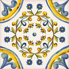 an artistic tile design with blue and yellow flowers