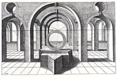 an architectural drawing of a room with arches and round objects in the center, surrounded by tiled flooring