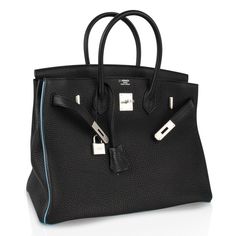 Guaranteed authentic Hermes Birkin 35 HSS Special Order Black with Turquoise interior and piping. Unique with rare brushed palladium handbag hardware.Togo Hermes leather is textured and butter soft.Comes with lock, keys, clochette, sleepers, raincoat and signature Hermes box.NEW or NEVER WORNMightychic offers a seamless experience for Hermes Birkin online shopping and your Hermes purchase. final sale BAG MEASURES:LENGTH 35cm / 14"TALL 28cm / 11"DEEP 18cm / 7" HANDLES:TALL 5" CONDITION:NEW or NEV Hermes Special Order, Turquoise Interior, Hermes Birkin Bag, Hermes Leather, Handbag Hardware, Hermes Birkin 35, Black Turquoise, Hermes Box, Togo Leather