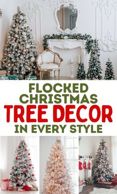 Decorated flocked Christmas trees and flocked Christmas tree decor ideas with ornaments in styles from rustic and farmhouse to modern and glam.