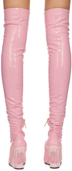 Over-the-knee stretch vinyl boots in pink. · Pointed toe · Zip closure with logo charm at inner side · Leather insole · Graphic plastic wedge heel · Stacked leather sole with rubber injection · Heel: H4.3 in Supplier color: Cradle pink Pink Leather Knee-high Boots For Party, Pink Leather Knee-high Boots, Pink Knee-high Leather Boots, Luxury Pink Fitted Boots, Luxury Fitted Pink Boots, Pink Leather Fitted Knee-high Boots, Fitted Pink Leather Knee-high Boots, Vinyl Boots, Knee Stretches