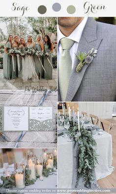 a collage of photos with green and gray wedding colors, greenery and candles