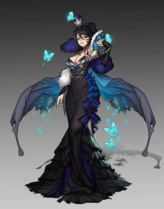 a woman dressed in black and blue with butterflies on her wings