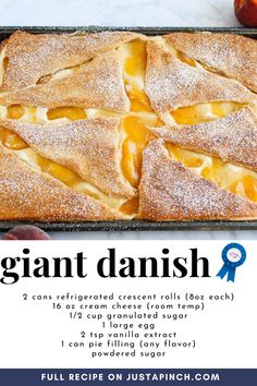 an apple pie is shown with the words giant danish written below it in blue and white