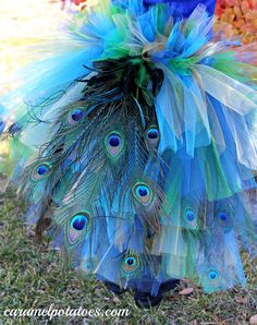 a blue and green peacock costume with feathers on it's head is standing in the grass