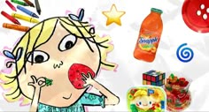 a drawing of a girl eating a donut surrounded by toys and other things to eat