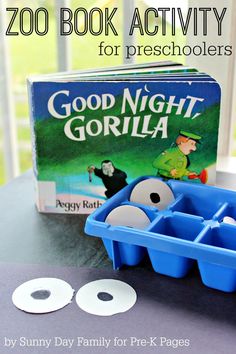 the good night gorilla book activity for preschoolers is shown in front of an open plastic container