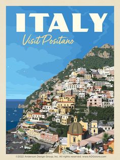 an italian poster with the words italy visit positanoo on it's side