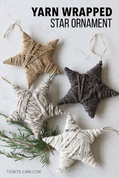 yarn wrapped star ornaments with text overlay