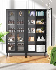 an open glass door cabinet in a living room